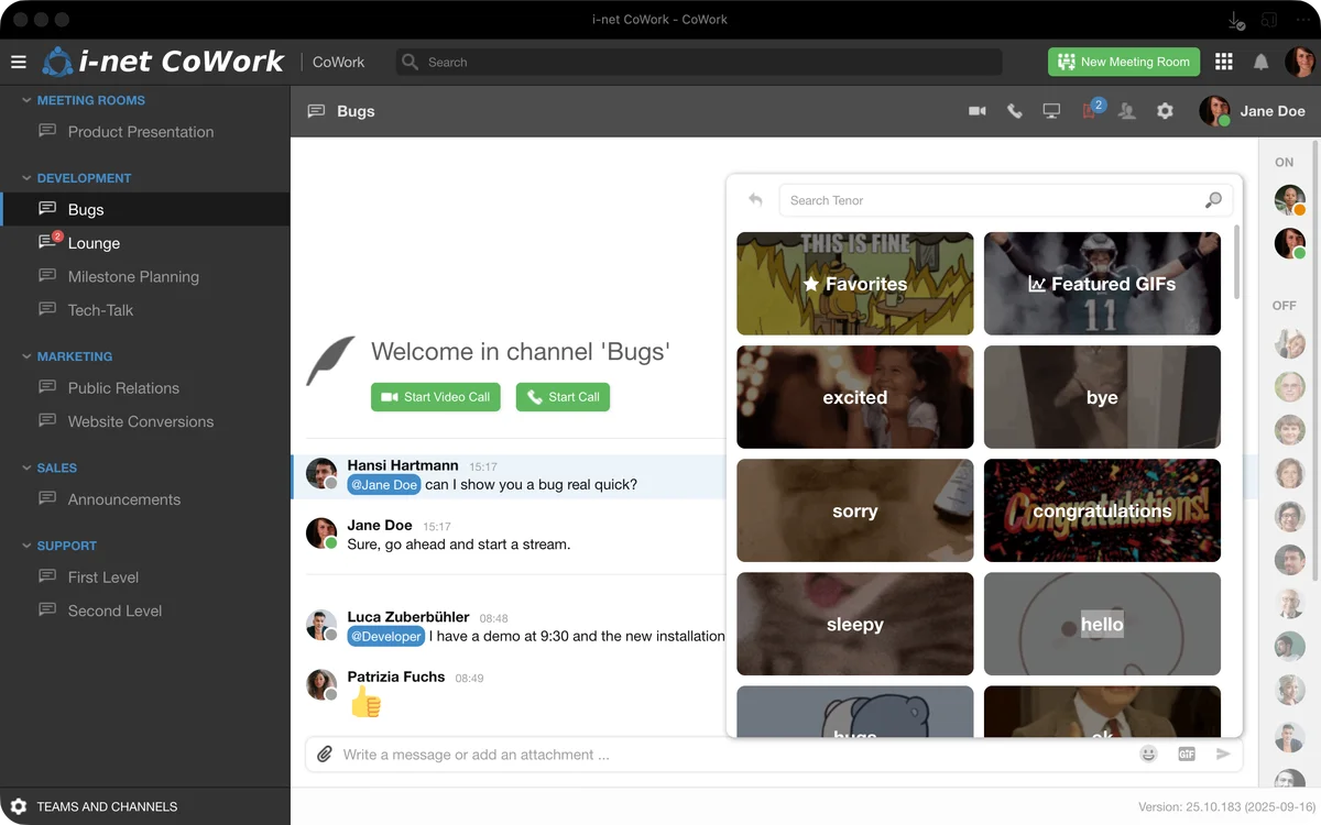 Screenshot von i-net CoWork mit geöffnetem Fenster für die Auswahl von GIF-Animationen. Verschiedene Kategorien und eine Suchfunktion sind sichtbar.