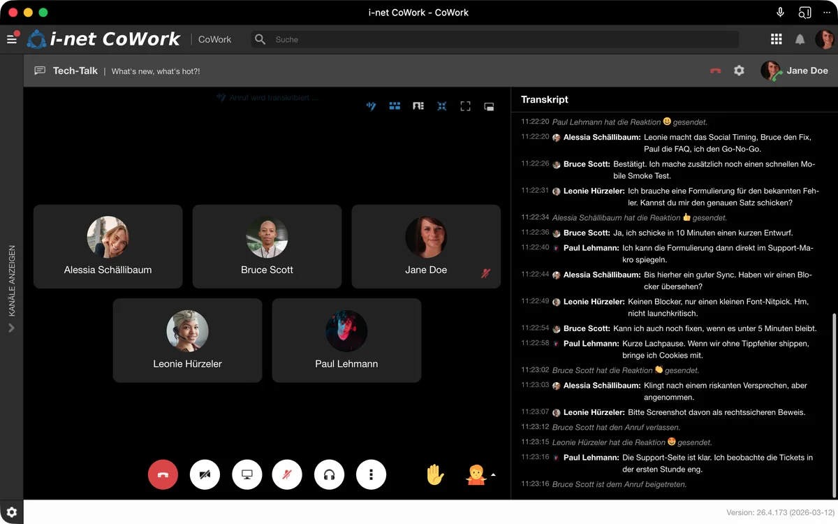 i-net CoWork Live-Transkript während eines Sprach- oder Videoanrufs.