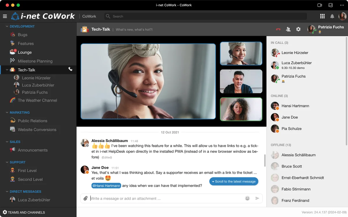 i-net CoWork interface; video call with three people. Chat mentions Alessia Schällibaum and Jane Doe, discussing new features.