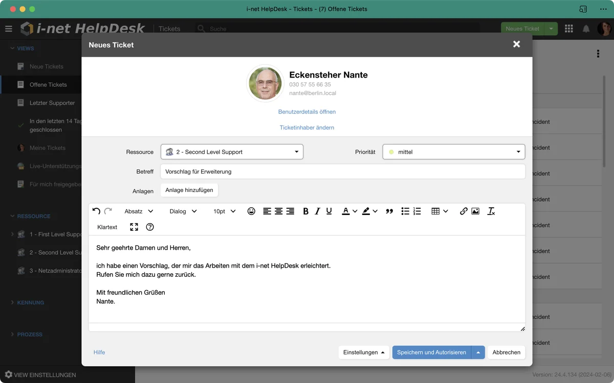 New ticket interface in i-net HelpDesk with user Eckensteher Nante. Subject: Vorschlag für Erweiterung.