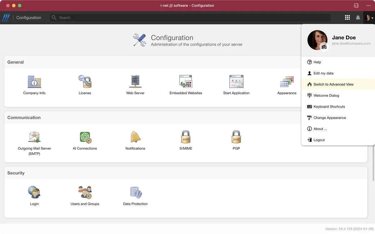 Configuration interface showing settings for Company Info, License, Web Server, Mail Server, AI Connections, and more.