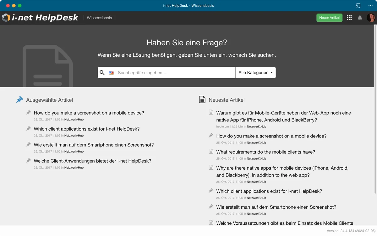 i-net HelpDesk page with search bar and articles list.