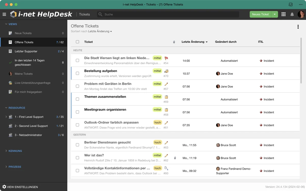 i-net HelpDesk with open tickets list and details such as updates, assignees, and priorities.