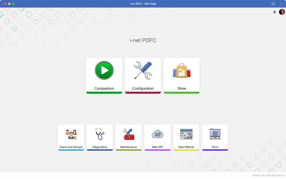 i-net PDFC interface with icons: Comparison, Configuration, Store, Users and Groups, Diagnostics, Maintenance, Web API, Task Planner, Drive.