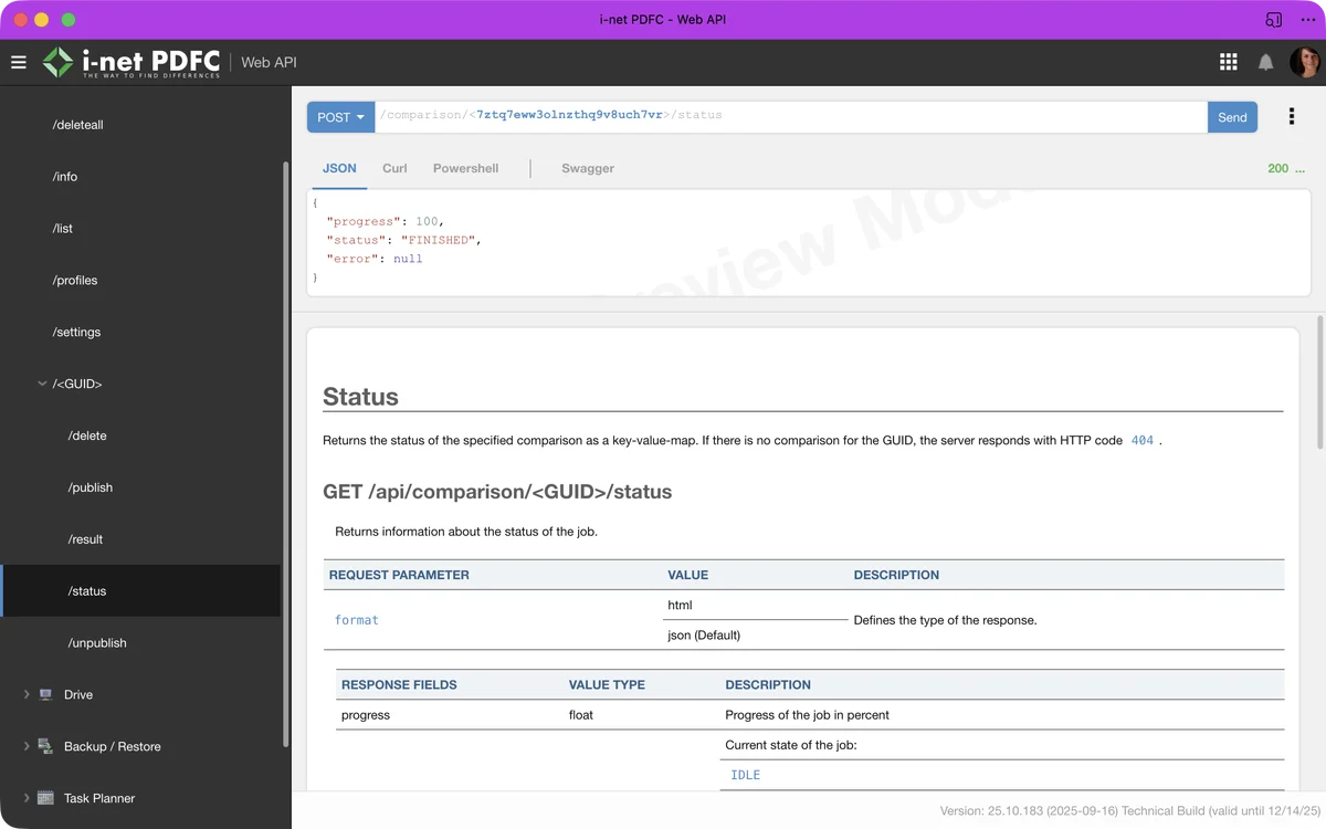 i-net PDFC interface for the WebAPI. A comparison is currently selected and the status is shown.