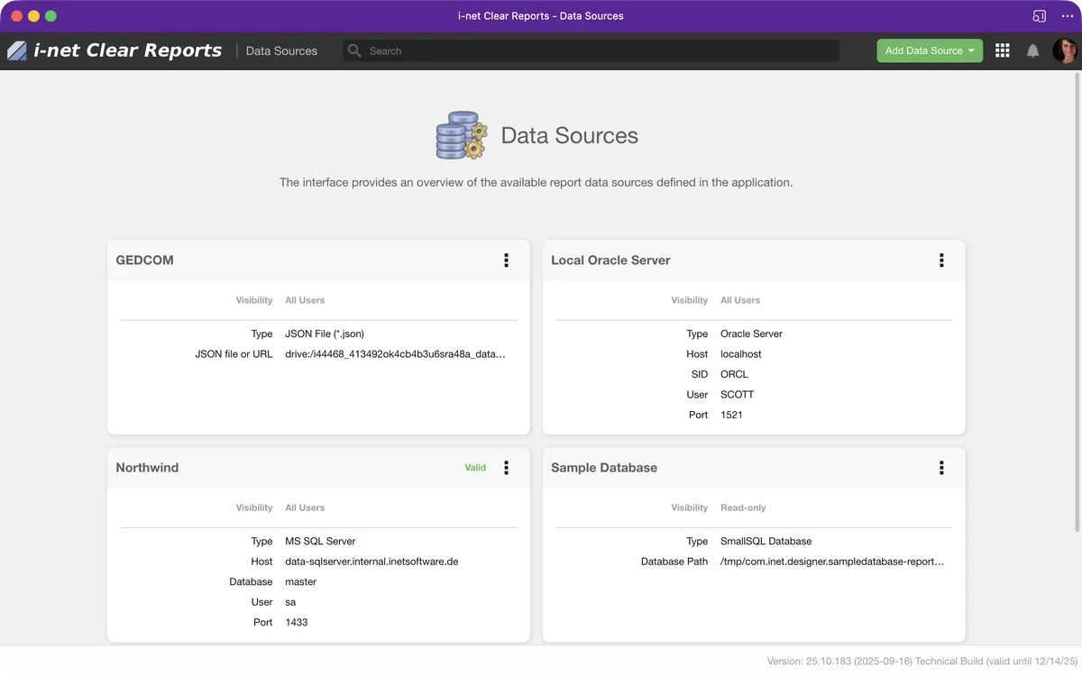 Dashboard of i-net Clear Reports showing data sources: GEDCOM, Local Oracle Server, Northwind, Sample Database.