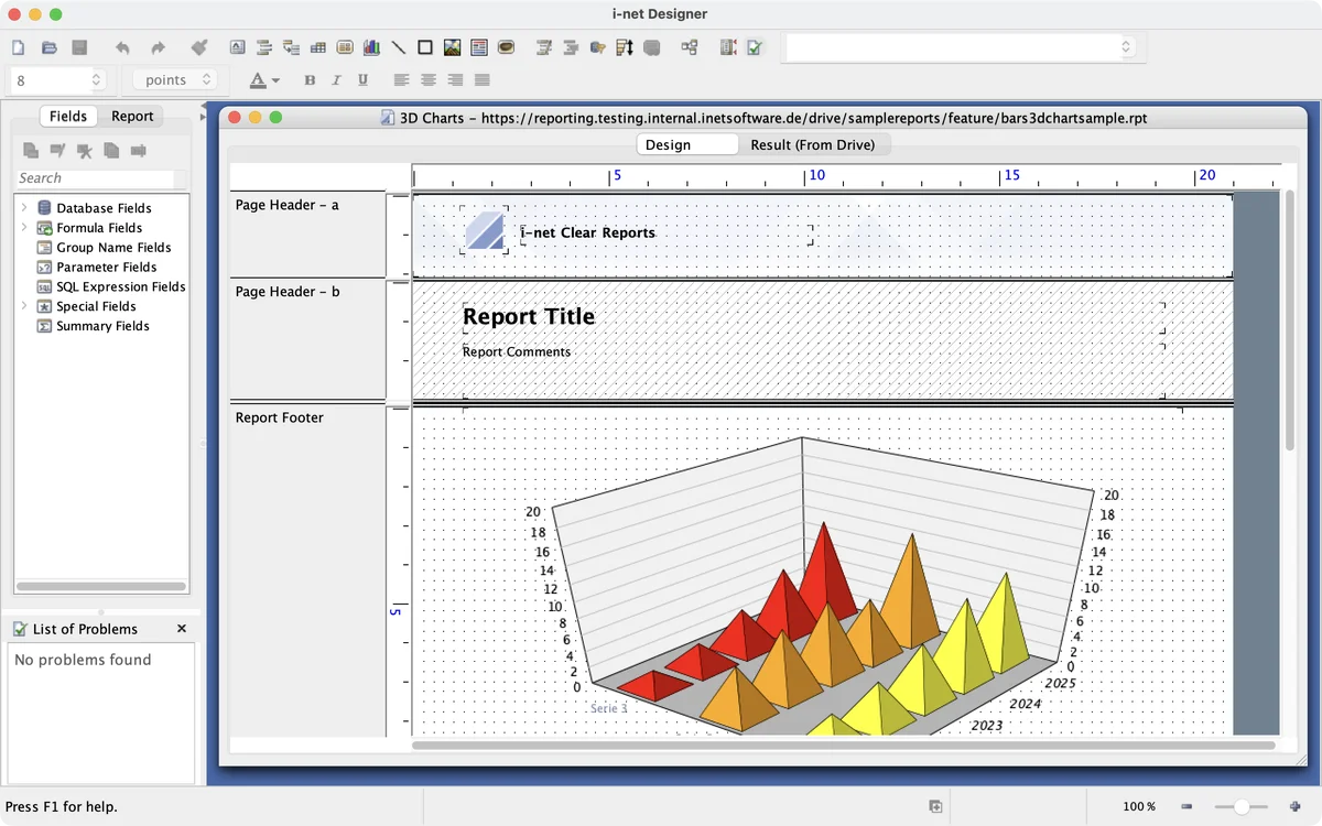 i-net Designer interface with a 3D chart and report layout, including headers and footers.