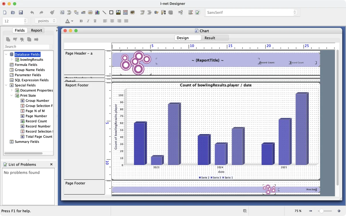 i-net Designer interface showing a report with a bar chart titled 'Count of bowlingResults.player / date' from 2023 to 2025.
