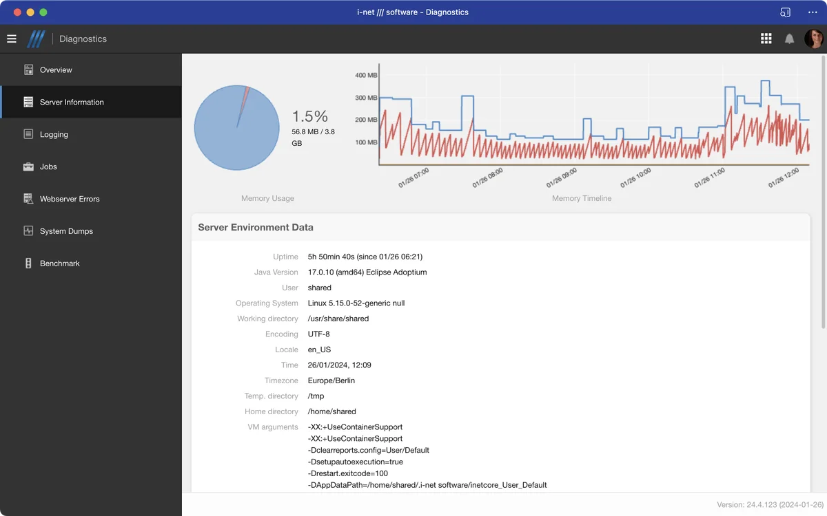 Diagnostics page with memory usage chart and server environment data details.