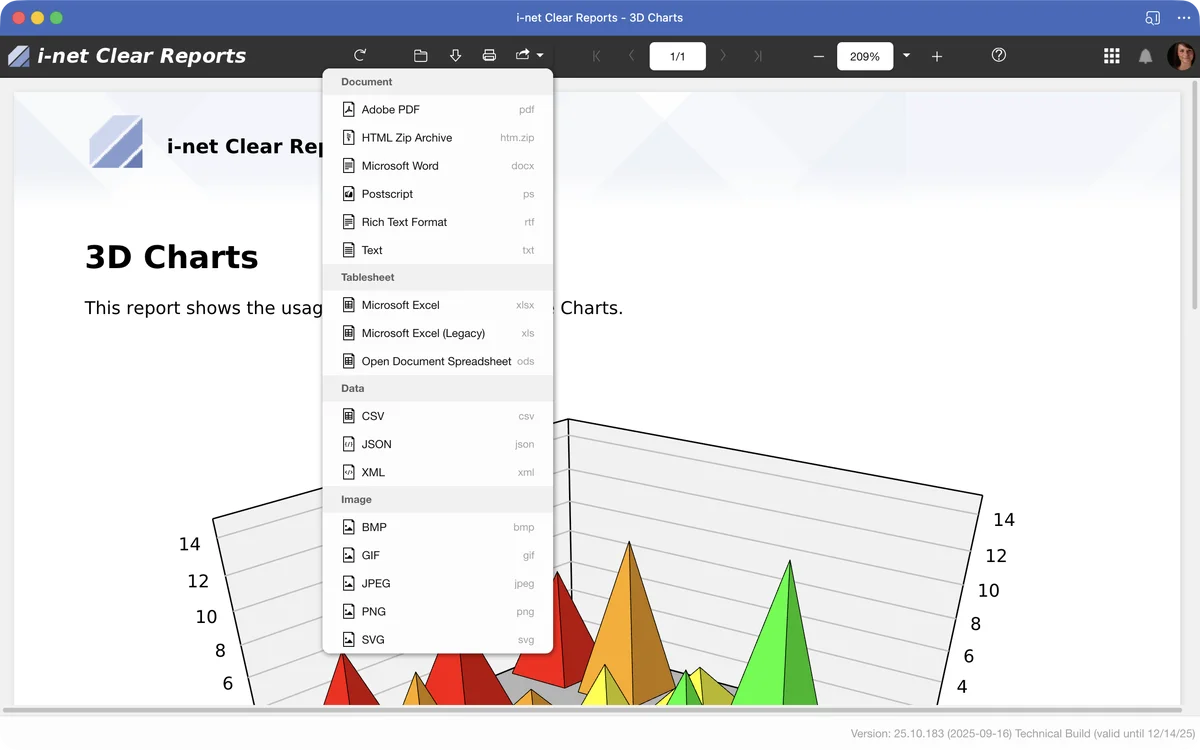 i-net Clear Reports with export options, displaying a 3D chart.