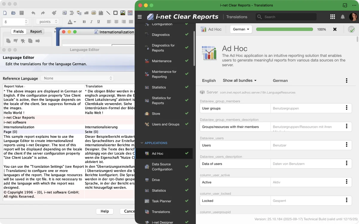 i-net Clear Reports software interface showing language editor and translation options for German.