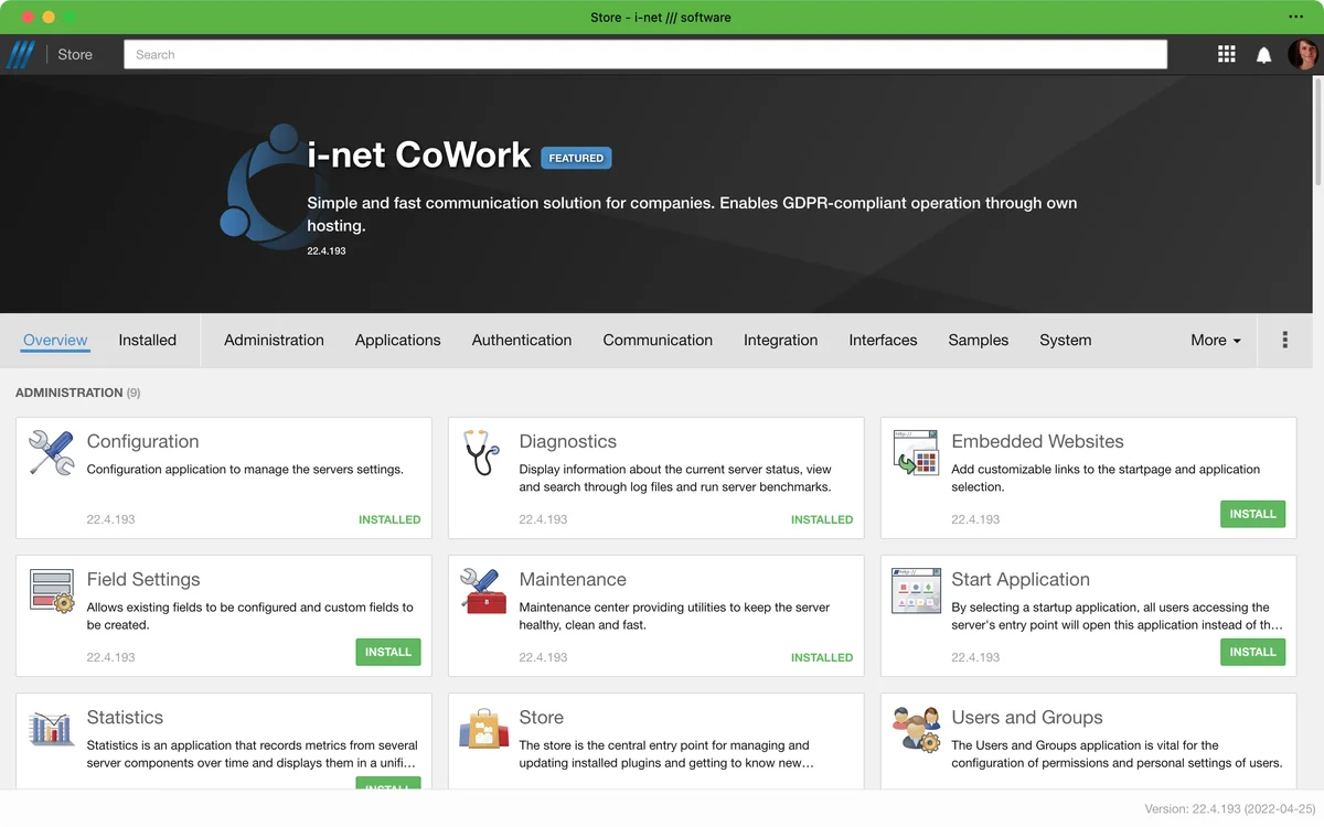 i-net CoWork admin interface with configuration, diagnostics, and more tools.