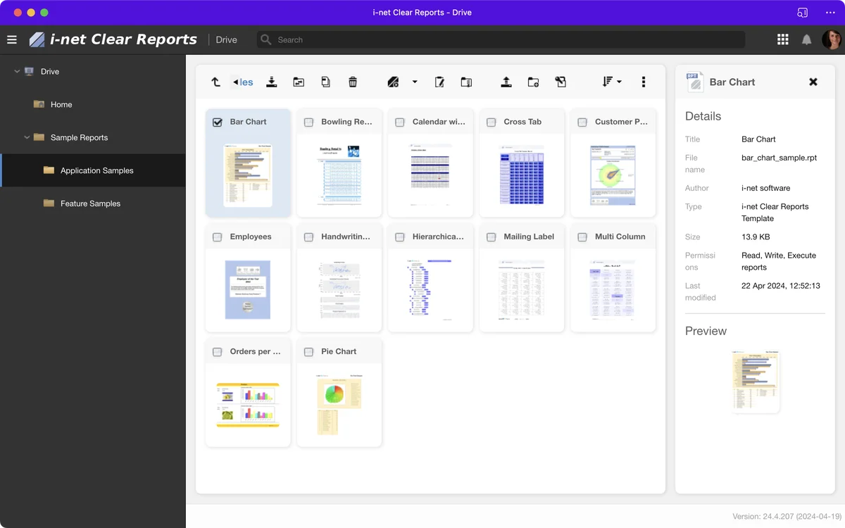 i-net Clear Reports server dashboard with sample reports and repository browser interface.