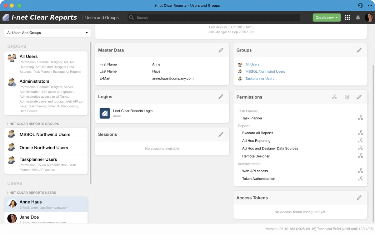 i-net Clear Reports dashboard showing user Anne Haus's profile and permissions.