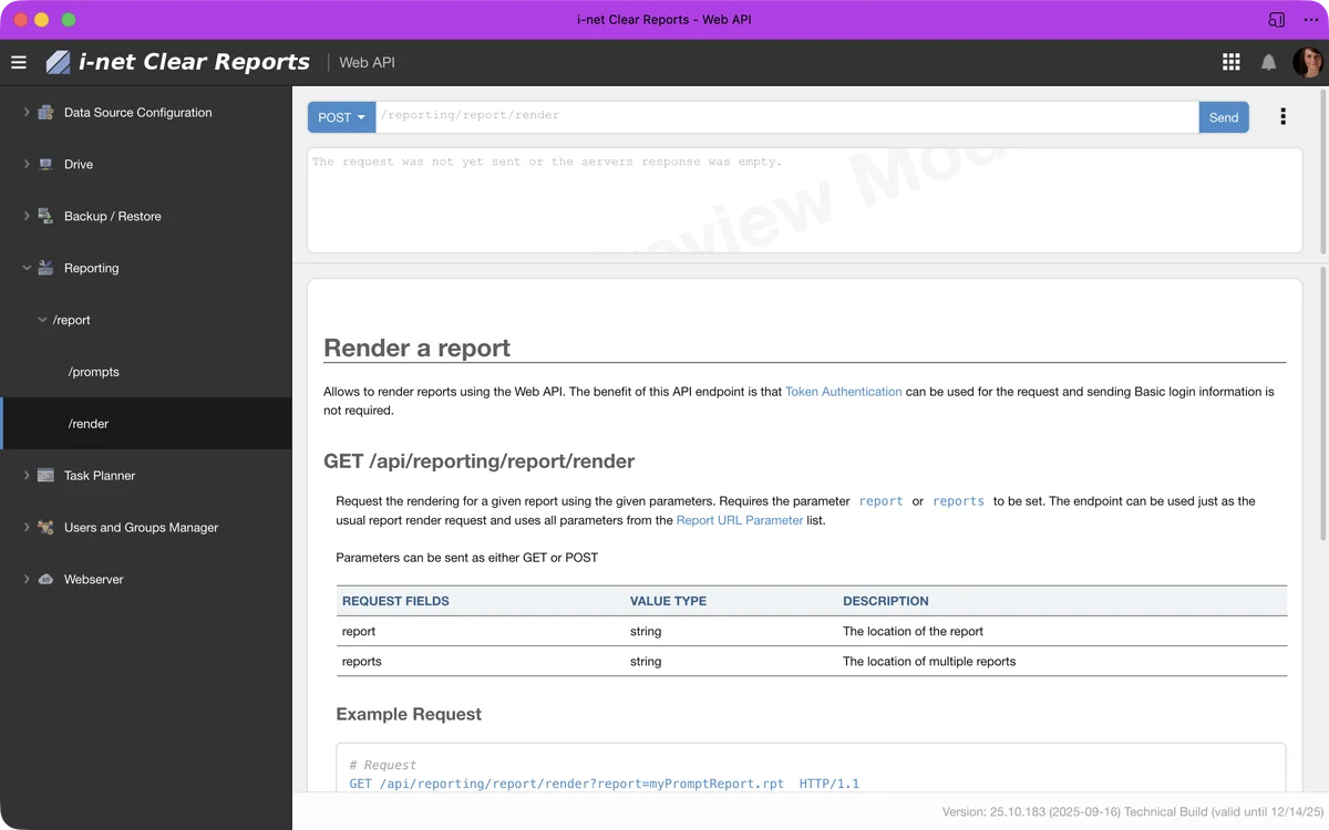 i-net Clear Reports interface showing render report API documentation with example request.